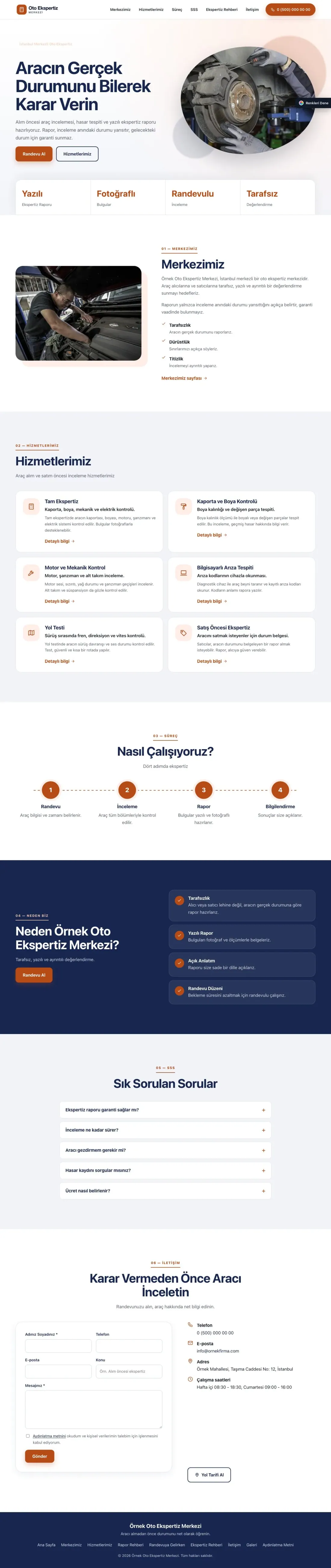 Oto Ekspertiz için Tek Sayfa Mavi Turuncu – Oto Ekspertiz Web Sitesi ana sayfa görünümü