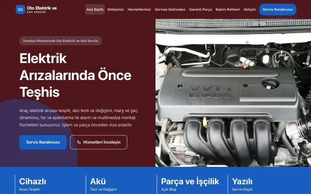 Oto Elektrik ve Akü Servisi için Blok Bordo Mavi – Oto Elektrik ve Akü Servisi Web Sitesi ana sayfa görünümü