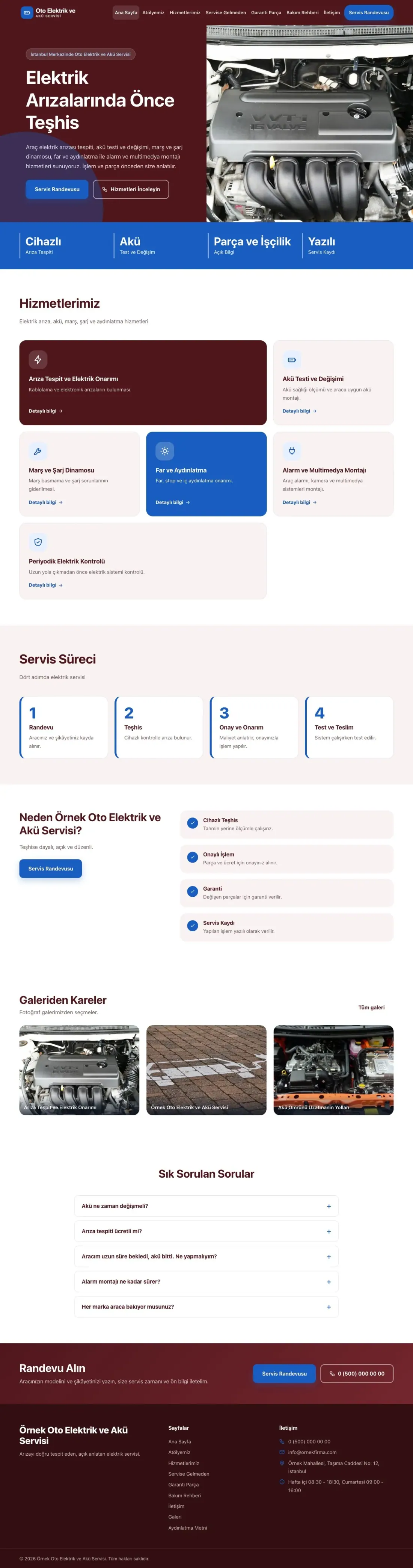 Oto Elektrik ve Akü Servisi için Blok Bordo Mavi – Oto Elektrik ve Akü Servisi Web Sitesi ana sayfa görünümü