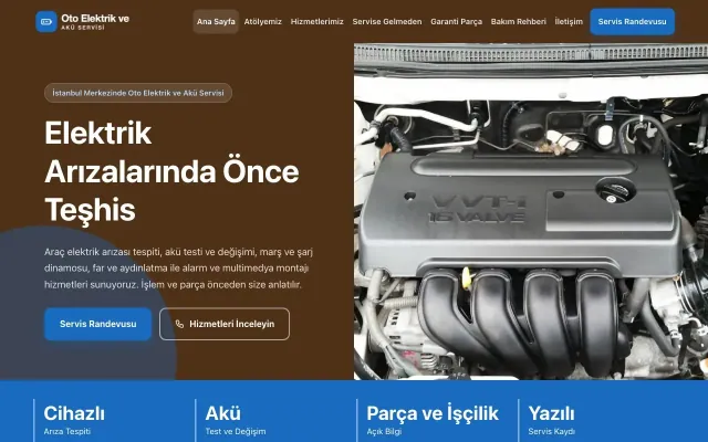 Oto Elektrik ve Akü Servisi için Blok Kahve Mavi – Oto Elektrik ve Akü Servisi Web Sitesi ana sayfa görünümü