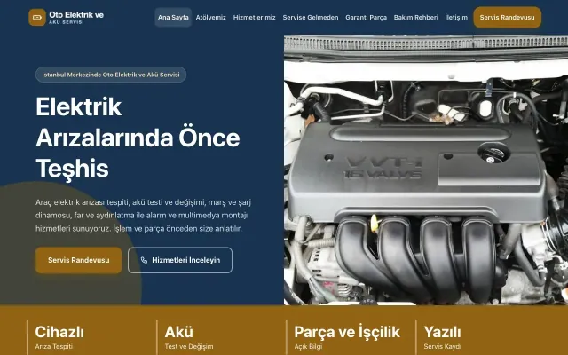 Oto Elektrik ve Akü Servisi için Blok Mavi Turuncu – Oto Elektrik ve Akü Servisi Web Sitesi ana sayfa görünümü