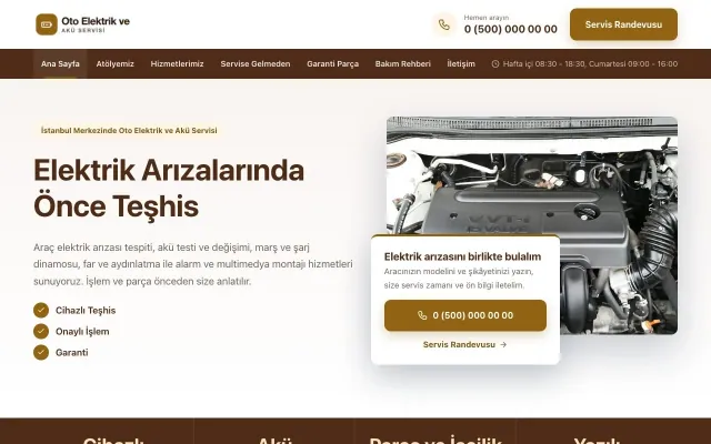 Oto Elektrik ve Akü Servisi için Bölünmüş Kahve Turuncu – Oto Elektrik ve Akü Servisi Web Sitesi ana sayfa görünümü