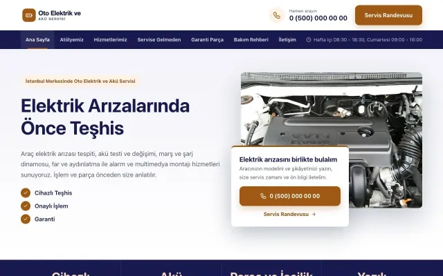 Oto Elektrik ve Akü Servisi için Bölünmüş Lacivert Turuncu – Oto Elektrik ve Akü Servisi Web Sitesi ana sayfa görünümü