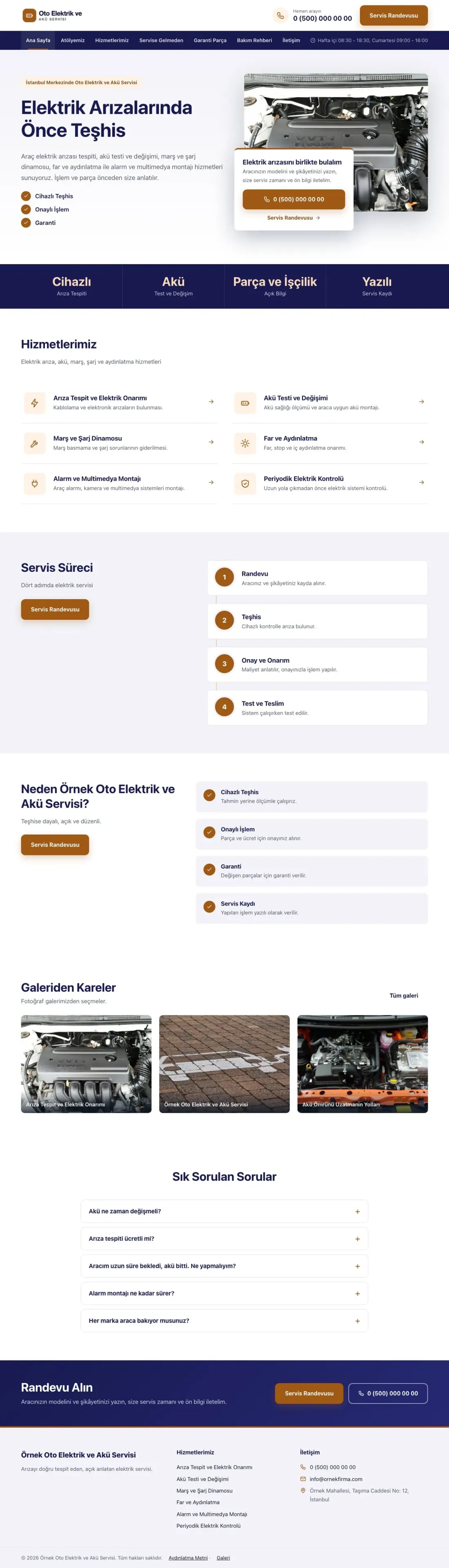 Oto Elektrik ve Akü Servisi için Bölünmüş Lacivert Turuncu – Oto Elektrik ve Akü Servisi Web Sitesi ana sayfa görünümü