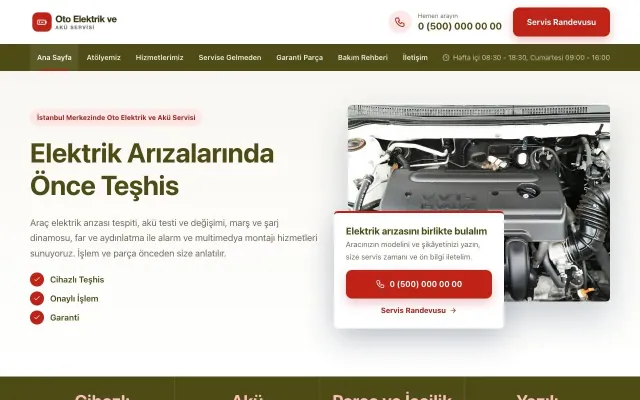 Oto Elektrik ve Akü Servisi için Bölünmüş Zeytin Kırmızı – Oto Elektrik ve Akü Servisi Web Sitesi ana sayfa görünümü