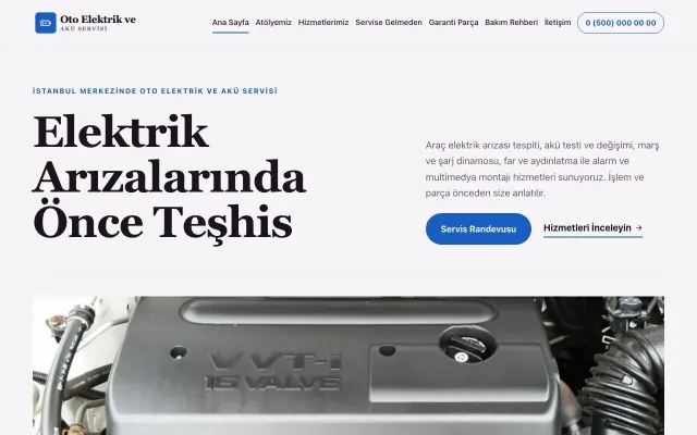 Oto Elektrik ve Akü Servisi için Dergi Editoryal Mor Mavi – Oto Elektrik ve Akü Servisi Web Sitesi ana sayfa görünümü