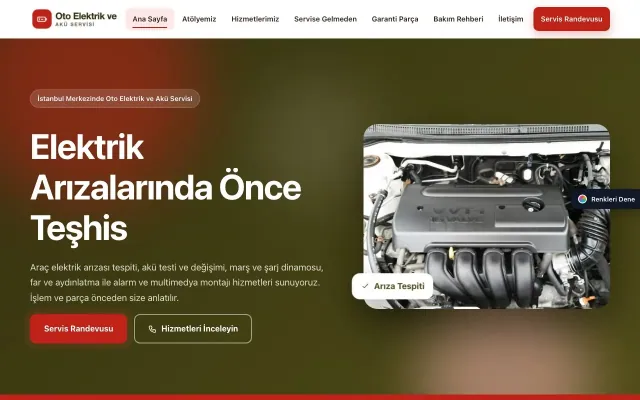 Oto Elektrik ve Akü Servisi için Hareketli Zeytin Kırmızı – Oto Elektrik ve Akü Servisi Web Sitesi ana sayfa görünümü