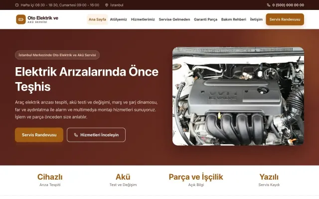 Oto Elektrik ve Akü Servisi için Klasik Bordo Turuncu – Oto Elektrik ve Akü Servisi Web Sitesi ana sayfa görünümü