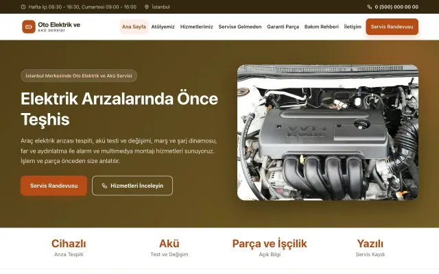 Oto Elektrik ve Akü Servisi için Klasik Kahve Turuncu – Oto Elektrik ve Akü Servisi Web Sitesi ana sayfa görünümü