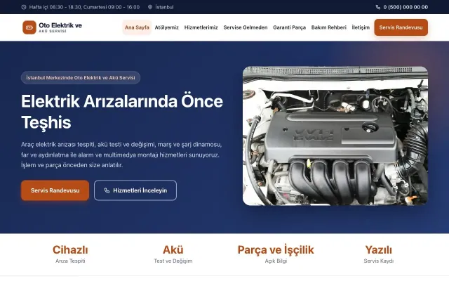 Oto Elektrik ve Akü Servisi için Klasik Mavi Turuncu – Oto Elektrik ve Akü Servisi Web Sitesi ana sayfa görünümü