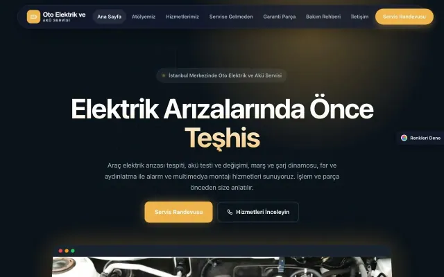 Oto Elektrik ve Akü Servisi için Koyu Modern Mavi Turuncu – Oto Elektrik ve Akü Servisi Web Sitesi ana sayfa görünümü