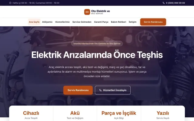 Oto Elektrik ve Akü Servisi için Merkez Lacivert Turuncu – Oto Elektrik ve Akü Servisi Web Sitesi ana sayfa görünümü