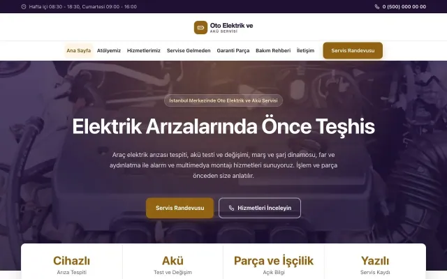 Oto Elektrik ve Akü Servisi için Merkez Mor Turuncu – Oto Elektrik ve Akü Servisi Web Sitesi ana sayfa görünümü