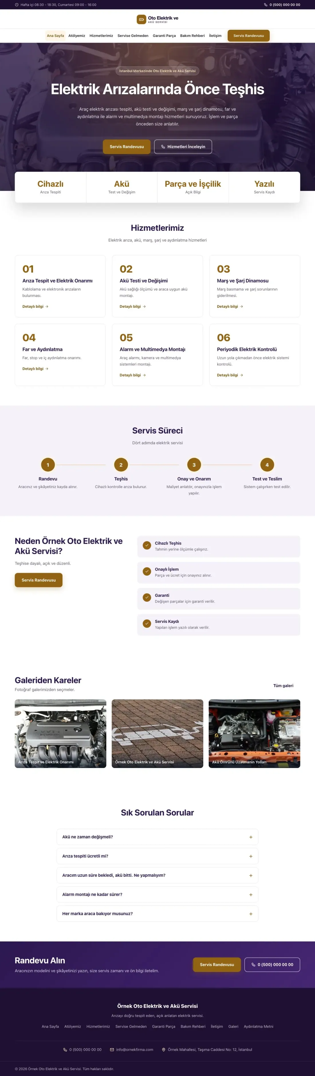 Oto Elektrik ve Akü Servisi için Merkez Mor Turuncu – Oto Elektrik ve Akü Servisi Web Sitesi ana sayfa görünümü