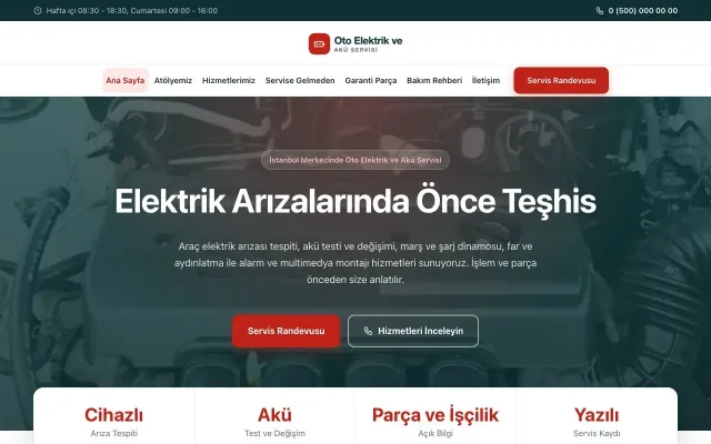 Oto Elektrik ve Akü Servisi için Merkez Petrol Kırmızı – Oto Elektrik ve Akü Servisi Web Sitesi ana sayfa görünümü