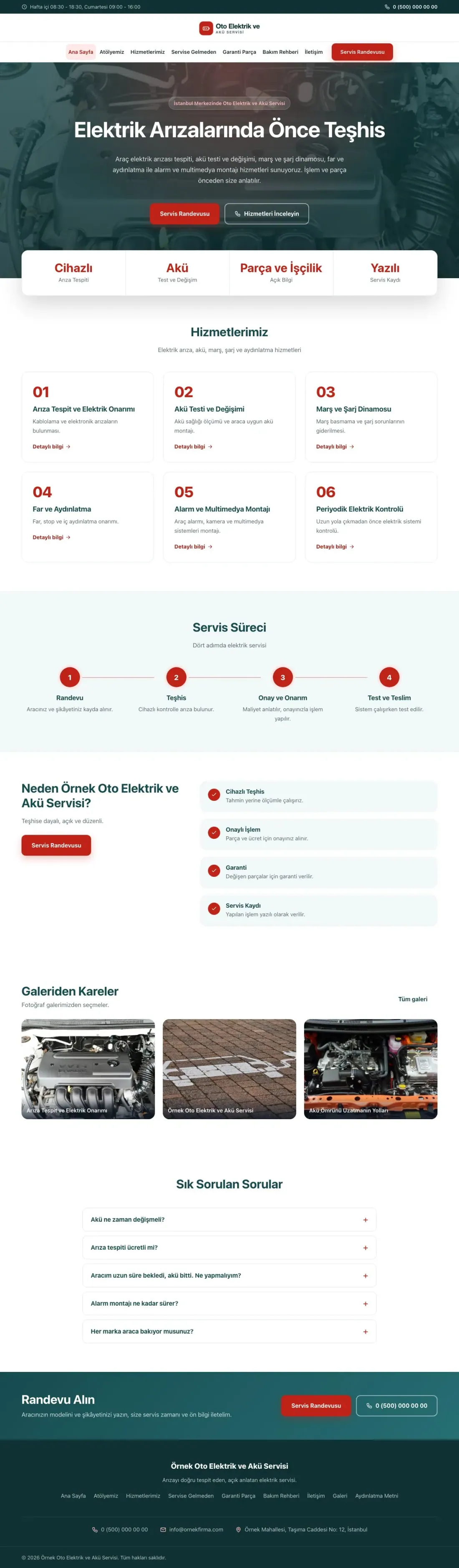 Oto Elektrik ve Akü Servisi için Merkez Petrol Kırmızı – Oto Elektrik ve Akü Servisi Web Sitesi ana sayfa görünümü