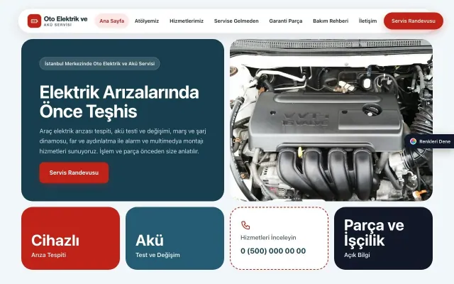 Oto Elektrik ve Akü Servisi için Mozaik Mavi Kırmızı – Oto Elektrik ve Akü Servisi Web Sitesi ana sayfa görünümü