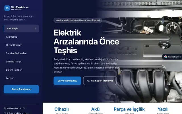 Oto Elektrik ve Akü Servisi için Sol Menü Lacivert Mavi – Oto Elektrik ve Akü Servisi Web Sitesi ana sayfa görünümü