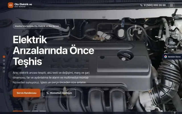 Oto Elektrik ve Akü Servisi için Tam Ekran Petrol Turuncu – Oto Elektrik ve Akü Servisi Web Sitesi ana sayfa görünümü