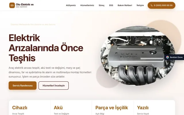 Oto Elektrik ve Akü Servisi için Tek Sayfa Bordo Turuncu – Oto Elektrik ve Akü Servisi Web Sitesi ana sayfa görünümü