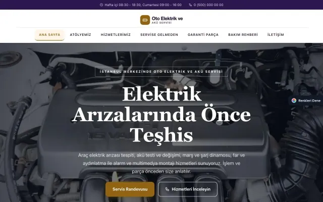 Oto Elektrik ve Akü Servisi için Zigzag Mor Turuncu – Oto Elektrik ve Akü Servisi Web Sitesi ana sayfa görünümü