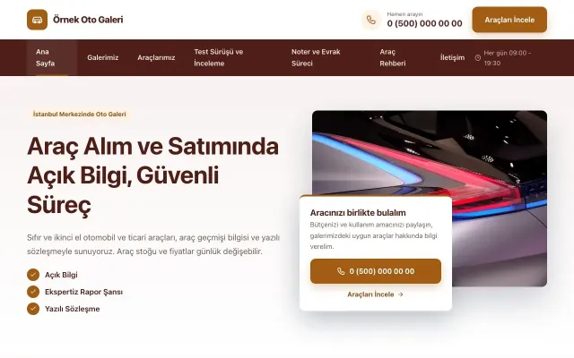 Oto Galeri için Bölünmüş Bordo Turuncu – Oto Galeri Web Sitesi ana sayfa görünümü