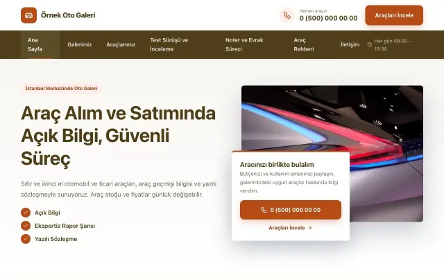 Oto Galeri için Bölünmüş Kahve Turuncu – Oto Galeri Web Sitesi ana sayfa görünümü