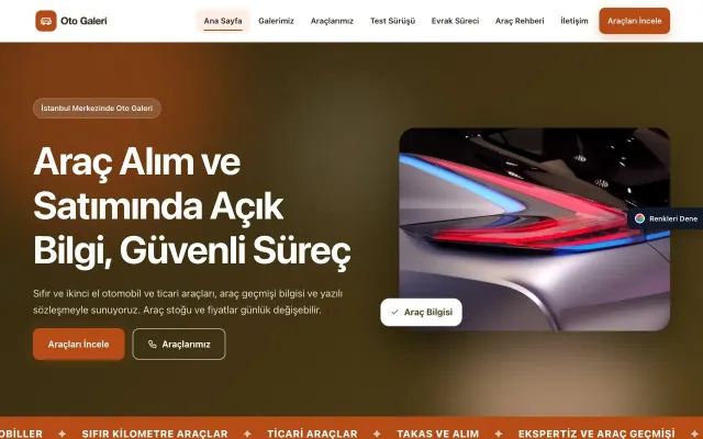 Oto Galeri için Hareketli Kahve Turuncu – Oto Galeri Web Sitesi ana sayfa görünümü