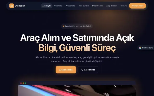 Oto Galeri için Koyu Modern Lacivert Turuncu – Oto Galeri Web Sitesi ana sayfa görünümü