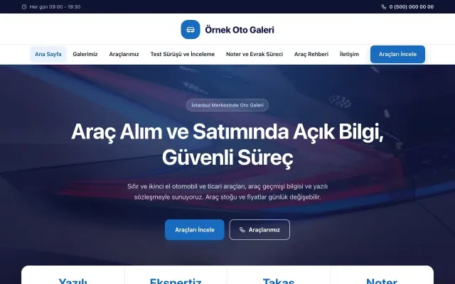 Oto Galeri için Merkez Lacivert Mavi – Oto Galeri Web Sitesi ana sayfa görünümü