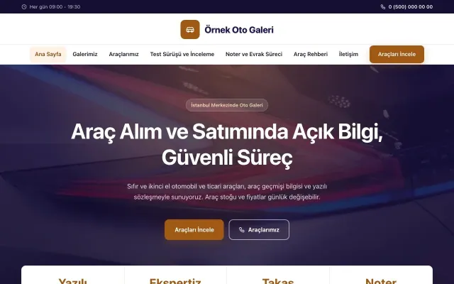 Oto Galeri için Merkez Lacivert Turuncu – Oto Galeri Web Sitesi ana sayfa görünümü