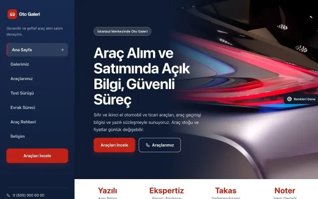 Oto Galeri için Sol Menü Mavi Kırmızı – Oto Galeri Web Sitesi ana sayfa görünümü