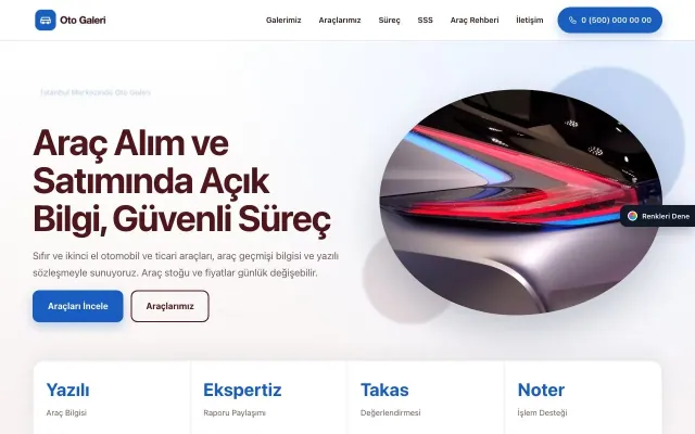 Oto Galeri için Tek Sayfa Bordo Mavi – Oto Galeri Web Sitesi ana sayfa görünümü