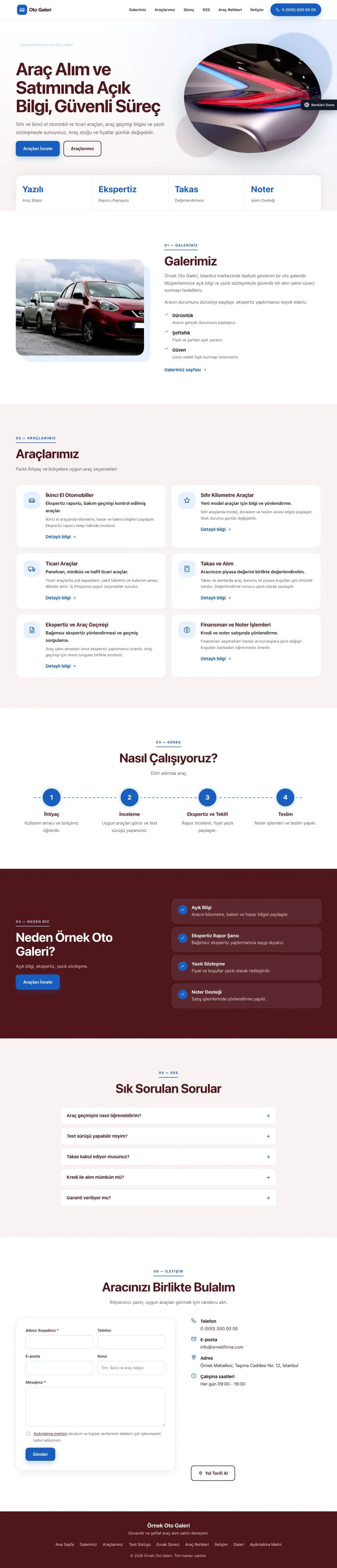 Oto Galeri için Tek Sayfa Bordo Mavi – Oto Galeri Web Sitesi ana sayfa görünümü