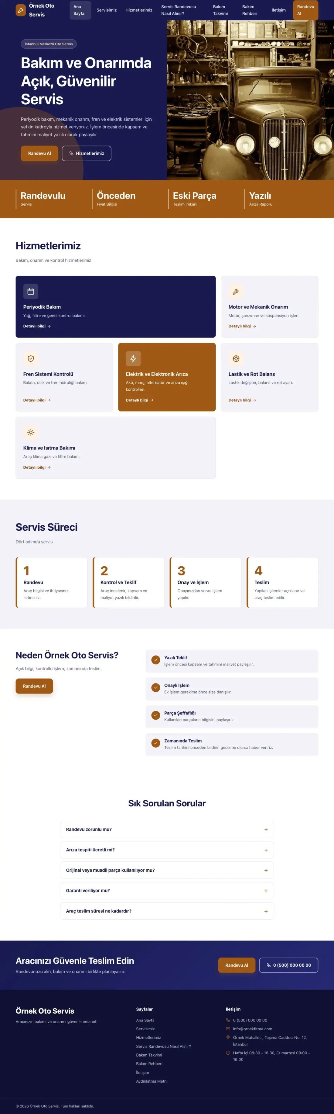 Oto Servis için Blok Lacivert Turuncu II – Oto Servis Web Sitesi ana sayfa görünümü