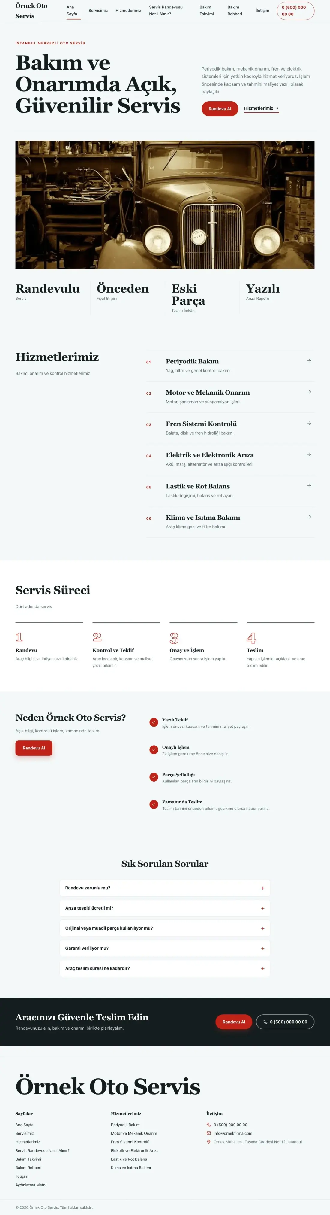 Oto Servis için Editoryal Petrol Kırmızı – Oto Servis Web Sitesi ana sayfa görünümü