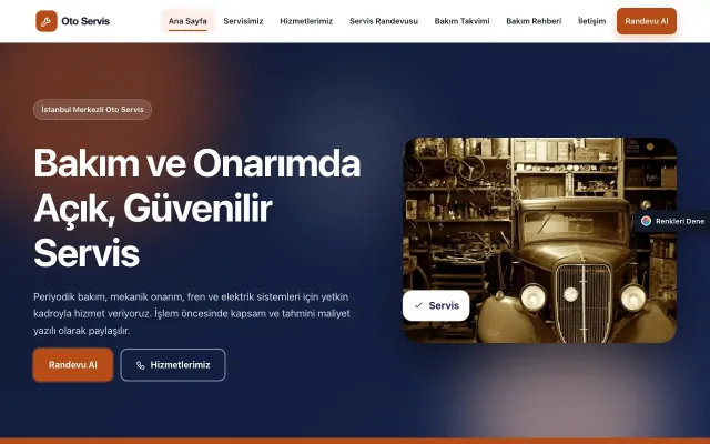 Oto Servis için Hareketli Mavi Turuncu – Oto Servis Web Sitesi ana sayfa görünümü