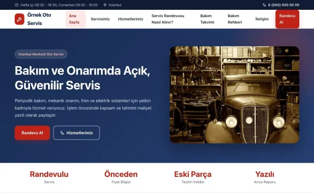 Oto Servis için Klasik Mavi Kırmızı – Oto Servis Web Sitesi ana sayfa görünümü