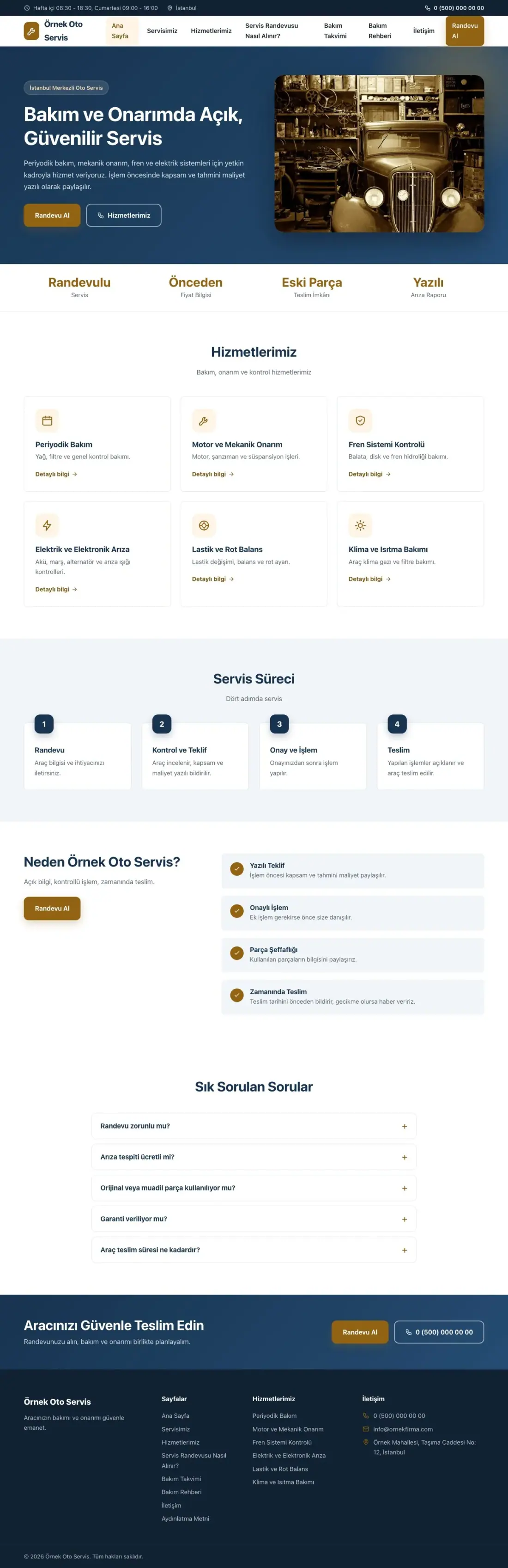 Oto Servis için Klasik Mavi Turuncu – Oto Servis Web Sitesi ana sayfa görünümü