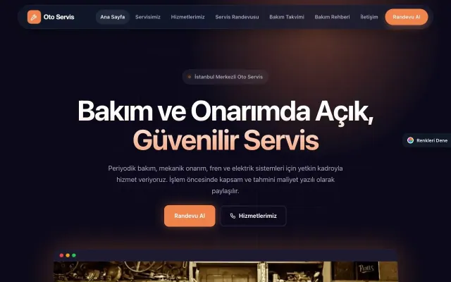 Oto Servis için Koyu Modern Lacivert Turuncu – Oto Servis Web Sitesi ana sayfa görünümü