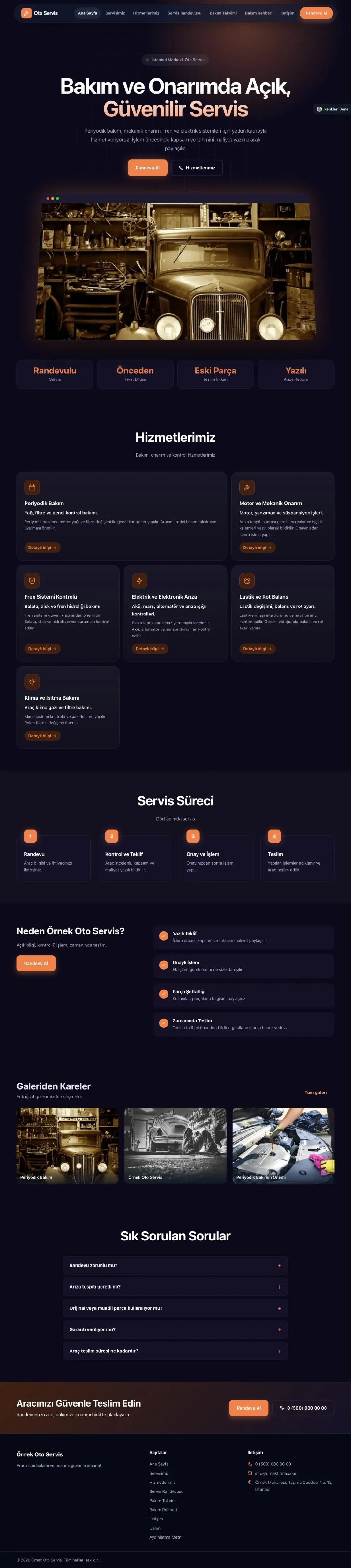 Oto Servis için Koyu Modern Lacivert Turuncu – Oto Servis Web Sitesi ana sayfa görünümü