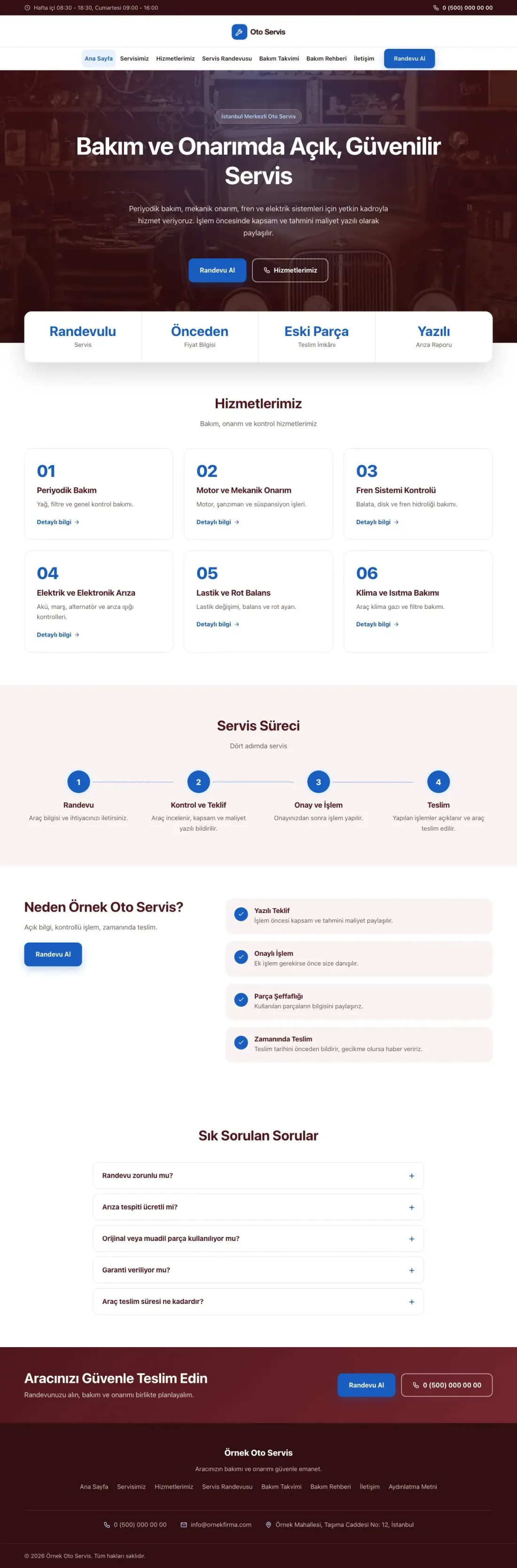 Merkez Bordo Mavi – Oto Servis Web Sitesi ana sayfa görünümü