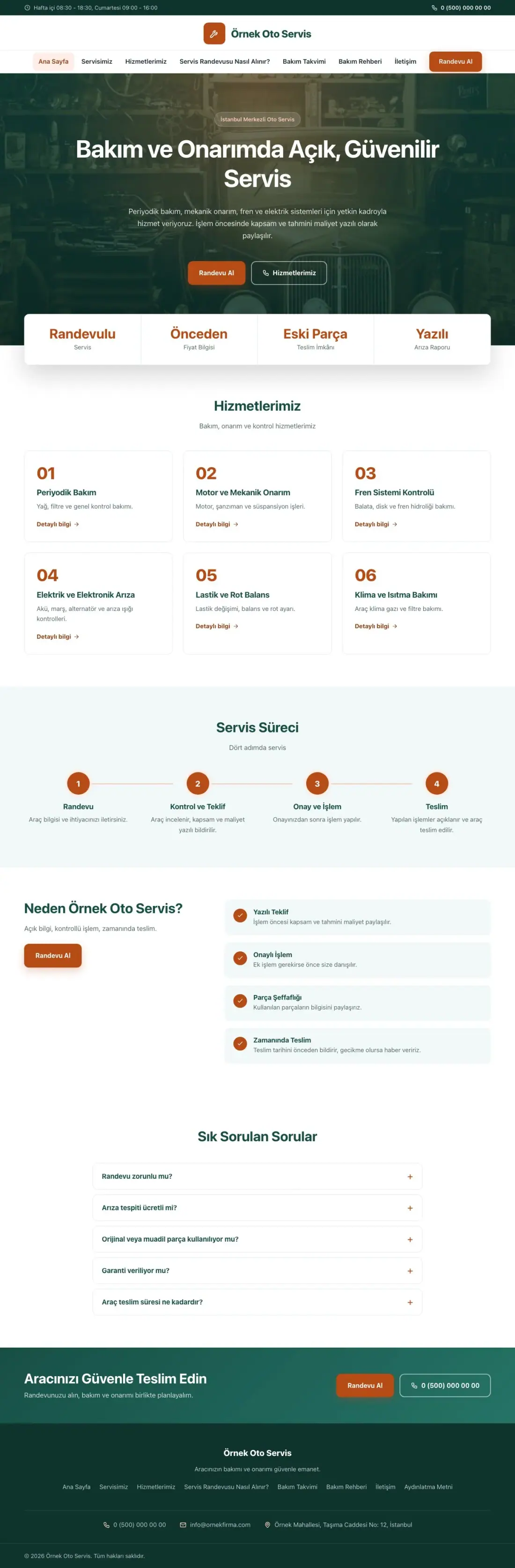 Oto Servis için Merkez Petrol Turuncu – Oto Servis Web Sitesi ana sayfa görünümü