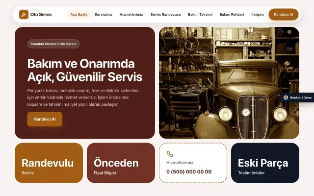 Oto Servis için Mozaik Bordo Turuncu – Oto Servis Web Sitesi ana sayfa görünümü