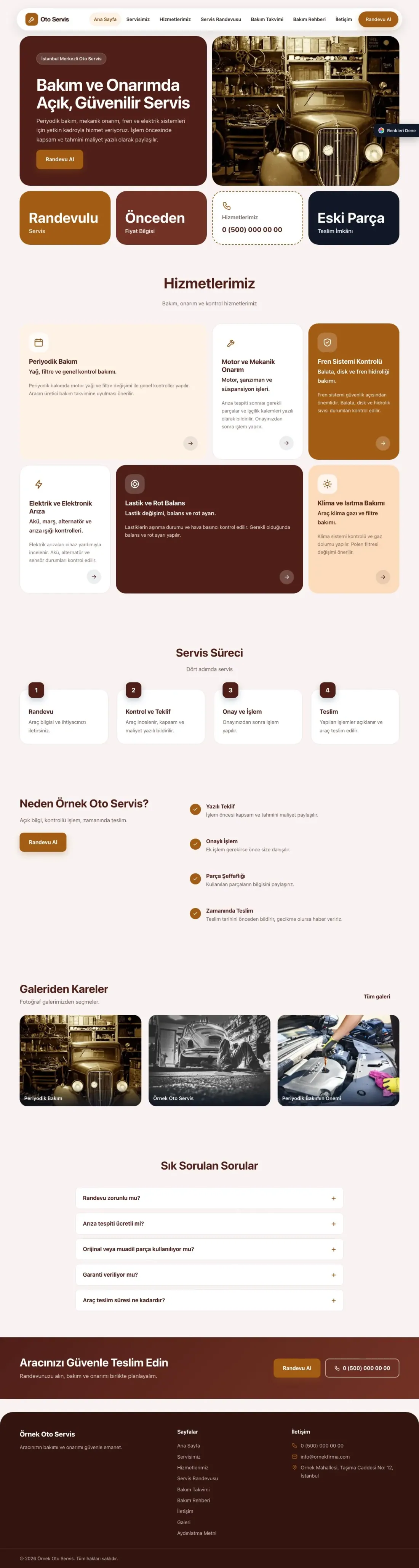 Oto Servis için Mozaik Bordo Turuncu – Oto Servis Web Sitesi ana sayfa görünümü