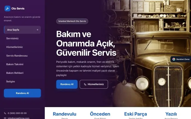 Oto Servis için Sol Menü Mor Mavi – Oto Servis Web Sitesi ana sayfa görünümü