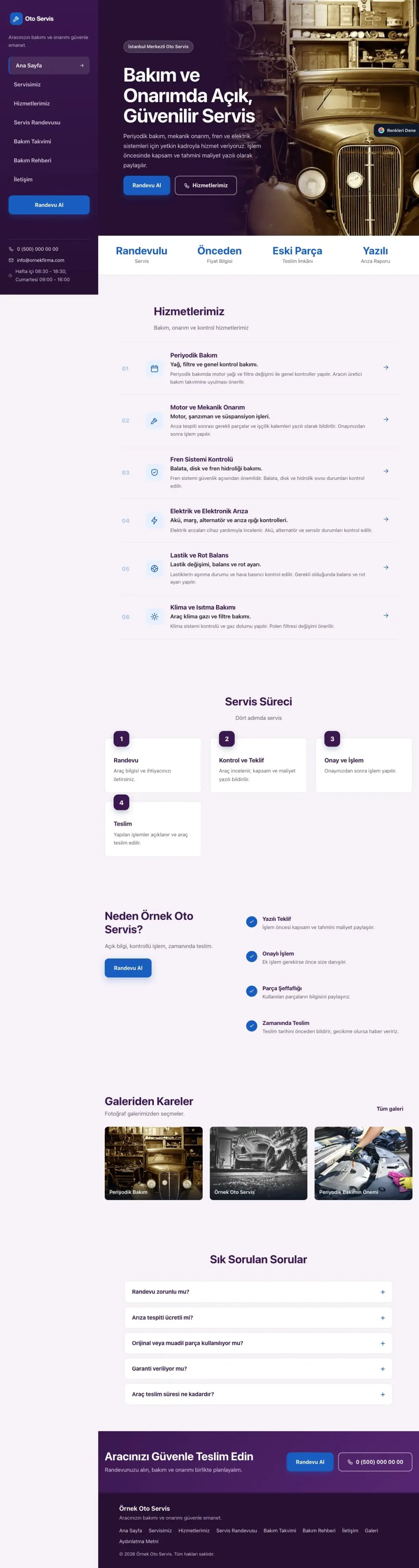 Oto Servis için Sol Menü Mor Mavi – Oto Servis Web Sitesi ana sayfa görünümü
