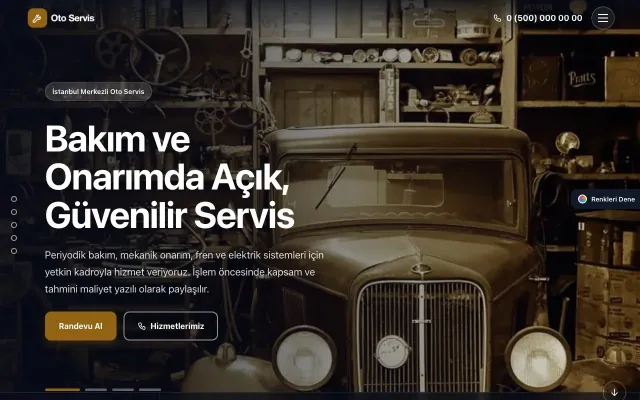 Oto Servis için Tam Ekran Kahve Turuncu – Oto Servis Web Sitesi ana sayfa görünümü