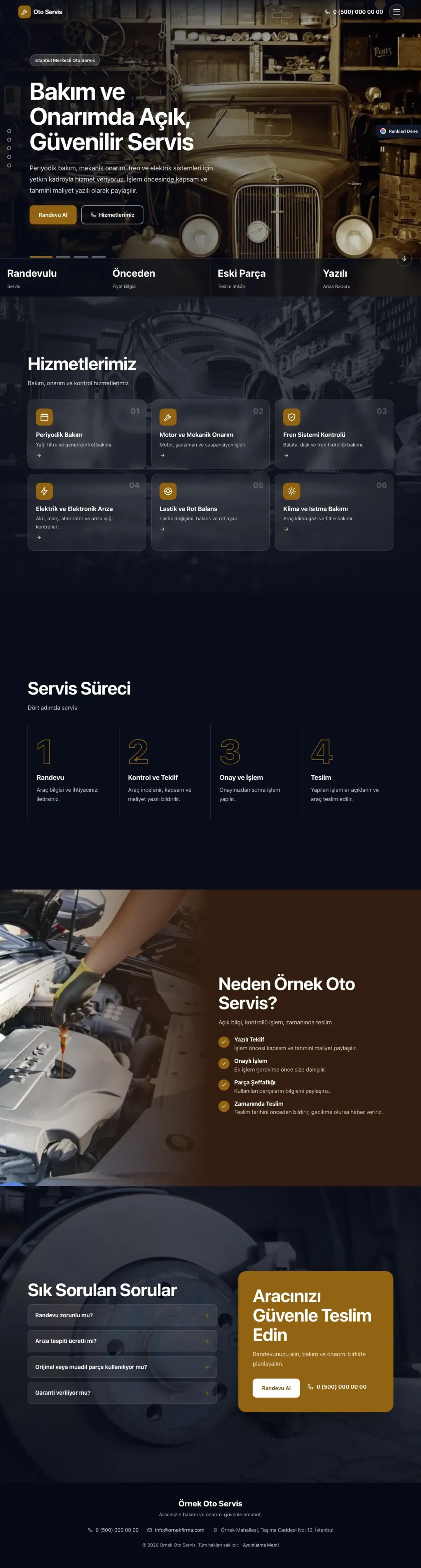 Oto Servis için Tam Ekran Kahve Turuncu – Oto Servis Web Sitesi ana sayfa görünümü