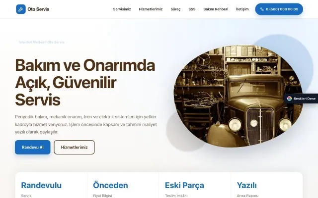 Oto Servis için Tek Sayfa Kahve Mavi – Oto Servis Web Sitesi ana sayfa görünümü